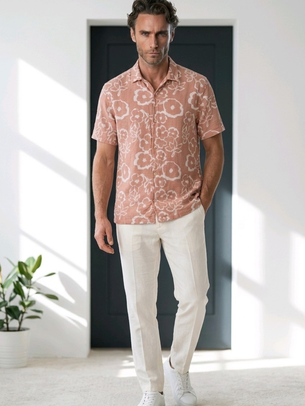 Common People Pink White Floral Cotton Short Sleeve Button-Up Shirt Men's XL